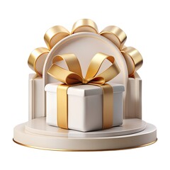 Elegant white gift box with golden ribbon isolated on white background, presented on a round platform with a semicircular backdrop of golden accents