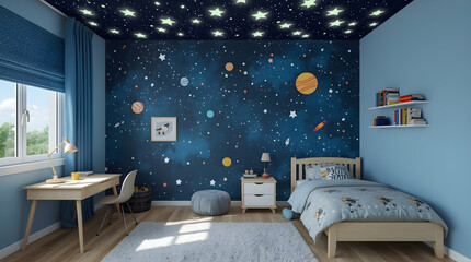 A child's bedroom decorated with a vibrant space theme, featuring a galaxy mural on the walls and glow-in-the-dark stars on the ceiling.
