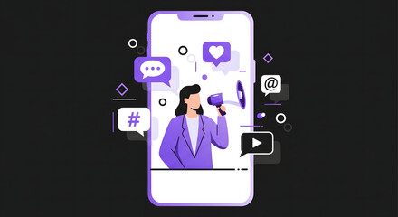 Flat Vector Illustration of Social Media Influencer in Smartphone Frame with Vibrant Floating Icons and Abstract Gradient Background
