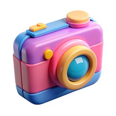 A colorful toy camera isolated on white background, representing photography, creativity, and capturing memories, evoking a sense of fun and playful exploration