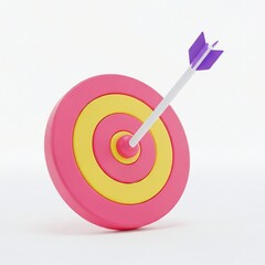 A pink and yellow target with an arrow in the bullseye isolated on white background, symbolizing accuracy, focus, and achievement of goals and objectives