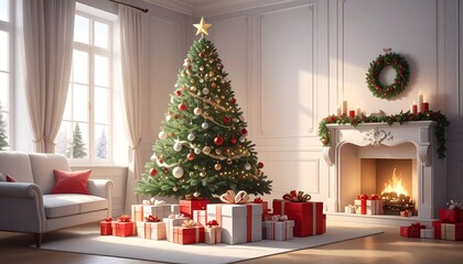 A lavishly decorated Christmas living room, featuring a majestic Christmas tree, presents, and a warm fireplace, bathed in the soft glow of sunlight.