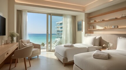 Fototapeta premium Inviting Hotel Room Interior Featuring Two Beds, Ocean View and Modern, Bright Décor, Perfect for Travel
