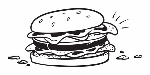 A black and white illustration of a cheeseburger. A bun with sesame seeds. Underneath, there are layers of cheese, a patty, lettuce, and vegetables. The burger looks thick and layered.