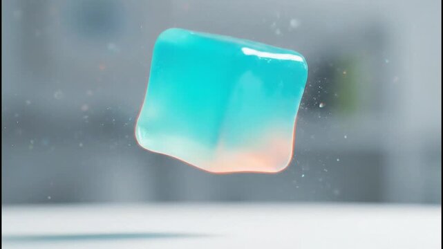Magical Slow Motion Capture of a Soft, Glowing Jelly Cube Floating and Landing Amidst Sparkling Dust.