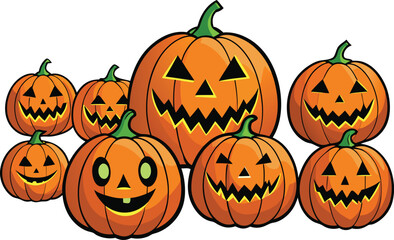 Eight Halloween Jack O'Lantern Pumpkins with Different Faces