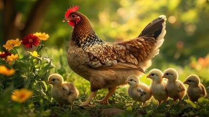 Fototapeta premium Hen with her newly hatched chicks amidst wildflowers in the meadow at dawn