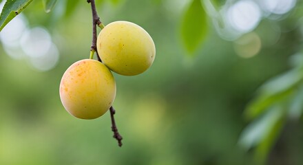Fresh yellow-green plums growing on a branch, close-up with blurred natural background.