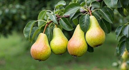 Ripe Pears on a Tree Branch with Green Leaves in a Summer Orchard