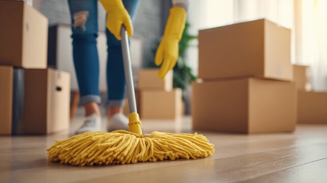 Woman mopping hardwood floor in new house with cardboard boxes after relocation or spring cleaning