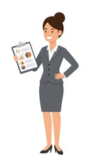 Obraz premium illustration of a woman in formal attire holding a clipboard with business charts in her hand. with an isolated white background 