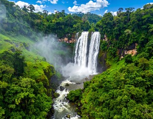 A breathtaking cascade tumbles down a dramatic cliff face, surrounded by lush, vibrant greenery.  A misty spray rises from the falls, highlighting the tropical setting.