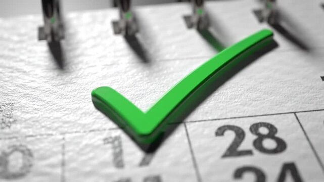 Close-up of a textured calendar with a vibrant green checkmark on the 28th, signifying a marked date or completed task