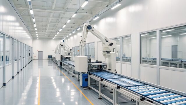Commercial high-resolution photo of automated material system lines for wafers in semiconductor production fab cleanroom.