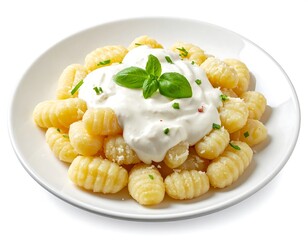 Delicious homemade gnocchi served with creamy sauce and fresh basil leaves