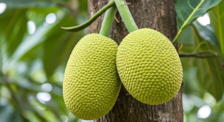Two Unripe Breadfruits Hanging on a Tropical Tree Branch