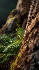 Obraz premium Macro Detail of Redwood Bark & Fern Undergrowth. Macro close-up of redwood bark texture and vibrant fern undergrowth, dewdrops on ferns, soft diffused light from side, earthy tones mixed with bright..