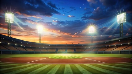 Bright stadium lights shining down on a baseball field at sunset