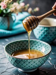 Golden honey pouring from spoon into bowl