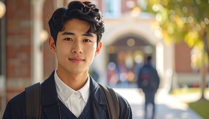 Fototapeta premium A young man with a warm smile, dressed in casual attire, stands outside a campus building.