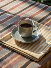 Yellow and white striped tablecloth with a cup of coffee and a book on it