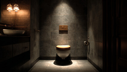 a closeup shot of the toilet of a very masculine toilet room with a toilet bowl on the center, interior modern