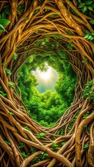 Dense foliage of twisted branches in a vibrant explosion of green and brown
