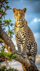 Alert leopard gazing from a high perch in the treetops surveying its territory with sharp instincts