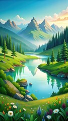 Serene mountain valley with lush green hills and still water surrounded by trees and wildflowers