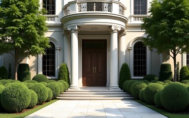 The grand entrance of an elegant residence with classical columns and lush greenery. High quality