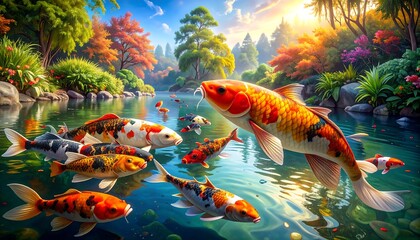 Vibrant koi fish swim in a serene, colorful river surrounded by autumnal trees and lush foliage.