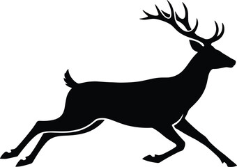 Minimal vector silhouette, deer running mid-stride, elongated body, side view, solid black,