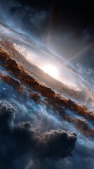 Naklejka premium authentic universe with a massive, white glowing sun at its center, surrounded by a swirling, dust-filled galaxy. The sun's light creates a halo and illuminates nearby planets