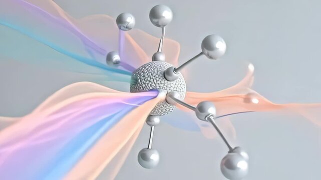 Immerse yourself in an ethereal visualization of a molecule orbiting in spherical nested chain motion, surrounded by luminous strands of soft pastel colors that swirl and intertwine,
