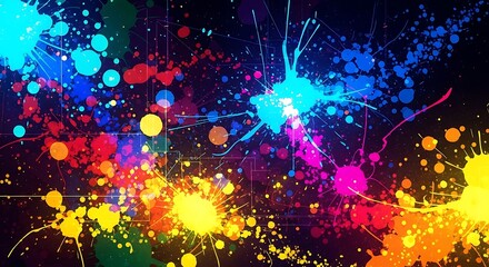 Colorful splatter art bursts with vibrant hues against a dark background, creating an abstract design