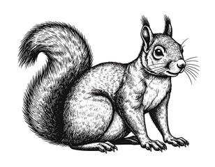 Detailed vintage engraving of a playful squirrel with bushy tail and ears