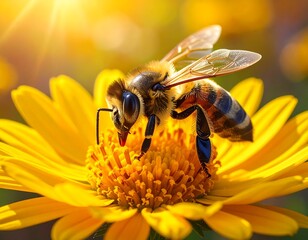 Detailed shot of a bee collecting nectar from a vibrant yellow flower