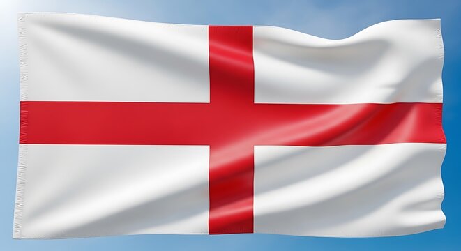 Waving flag of England with St Georges Cross against a clear blue sky.