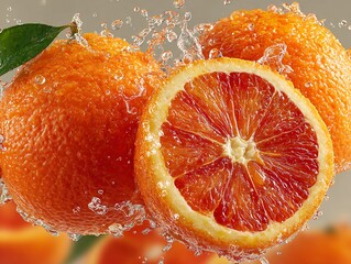 Fresh Juicy Oranges and Blood Orange Splashing in Clear Water