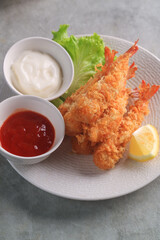 close up Ebi furai is a typical Japanese food in the form of fried shrimp covered in flour
