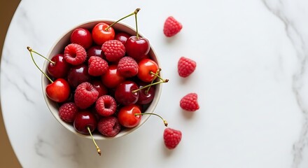 Fresh red cherries and raspberries in a bowl on a white marble background top view.
