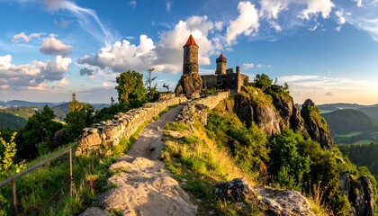 A stone fortress stands sentinel on a sun-drenched mountaintop, overlooking a valley of lush greenery.