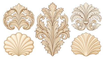 Ornate decorative embellishments featuring scallop shell motifs and floral acanthus leaf designs isolated on white background