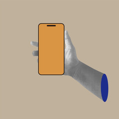 Trendy halftone collage. Hand holding smartphone mockup. Vector Illustration