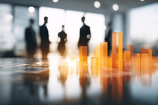 Business professionals in modern office with futuristic financial growth data visualization.