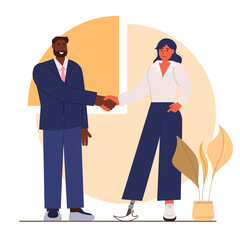 Disabled businesswoman shake hands with happy businessman. Successful deal agreement partnership cooperation concept. Vector Illustration.