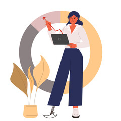 Disabled happy businesswoman with laptop for strategy, planning, digital advertising, social media and communication concept. Vector Illustration.