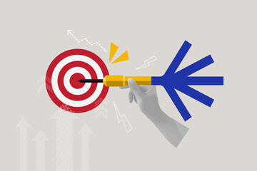 Trendy halftone collage. Hand holding dart to target concept. Business goal setting, aiming, focus concept. Vector Illustration