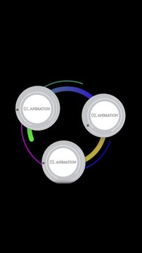 Circular animation three step process flow seamless background vertical video. Animated three stage circular flowchart infographic motion graphics vertical video.