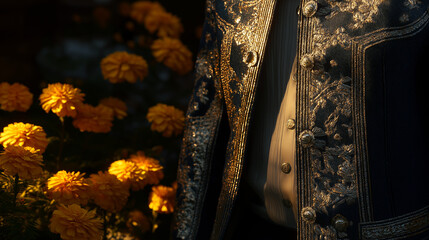 An embroidered charro jacket with silver buttons, bathed in golden sunset light, with marigold flowers softly blurred in the background.